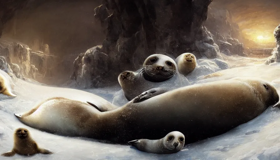 Image similar to highly detailed closeup painting of one big seal looking after lots of cute furry white baby seals inside a snowy fantasy ice crystal cavern by william turner, by greg rutkowski, by william constable, thick brush strokes and visible paint layers, 4 k resolution