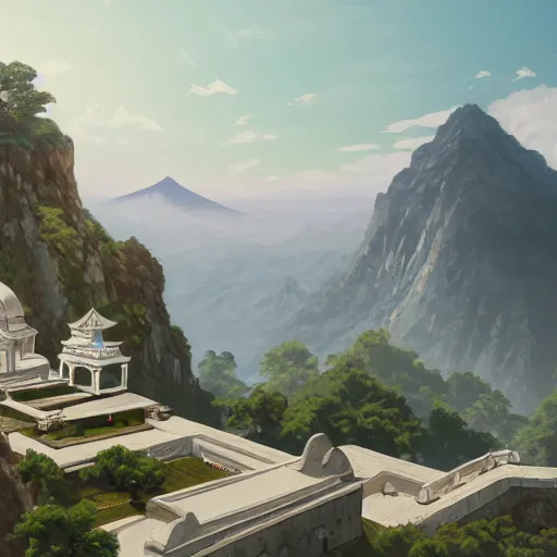 Prompt: concept art painting of a white marble temple on top of a mountain, with greek and japanese architecture, overlooking a valley with a village below, realistic, detailed, cel shaded, in the style of makoto shinkai and greg rutkowski and albert bierstadt and james gurney