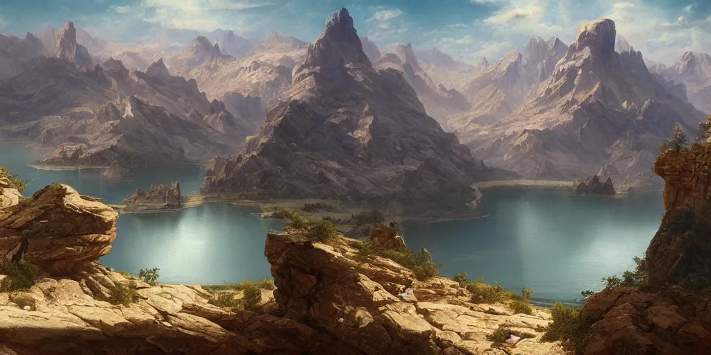 Prompt: beautiful matte painting of large mountains and canyons, by georges desvallieres