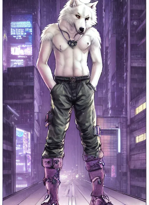 Image similar to character portrait of a male anthro albino wolf fursona with a tail and a cute beautiful attractive detailed furry face wearing stylish cyberpunk pants and boots, no shirt in a cyberpunk city at night while it rains. hidari, color page, tankoban, 4K, tone mapping, Akihiko Yoshida.