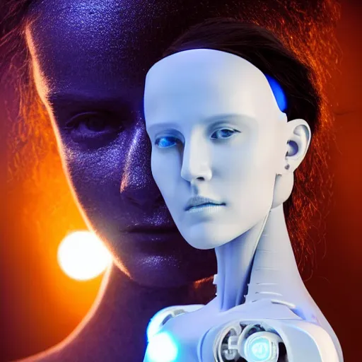 Prompt: beautiful centered Fine art photo portrait of contemplative young Jennifer Connelly as a solarpunk robotic humanoid, white mechanical parts with led lights, photorealistic, white background, highly detailed and intricate, sunset lighting, HDR 8k