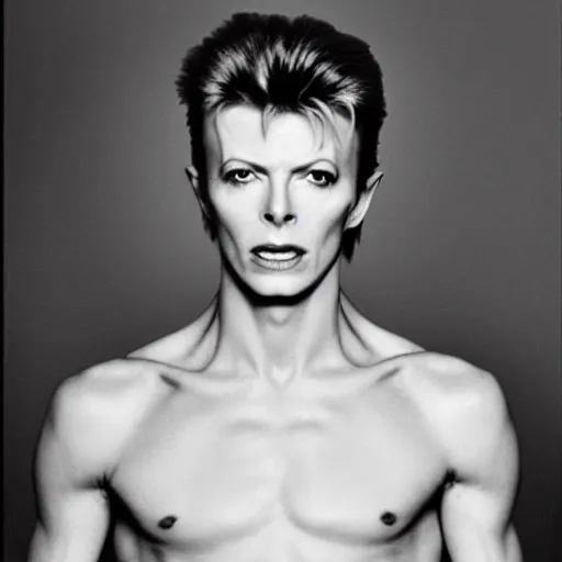 Prompt: young and buff David Bowie, master of space and time