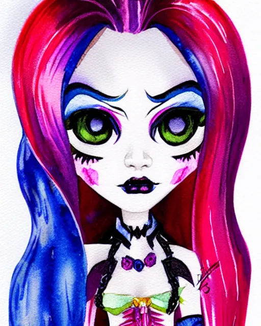 Prompt: watercolor portrait of monster high draculaura doll, by sabrina eras, alice x. zhang, blanca alvarez, liu yi, watercolor