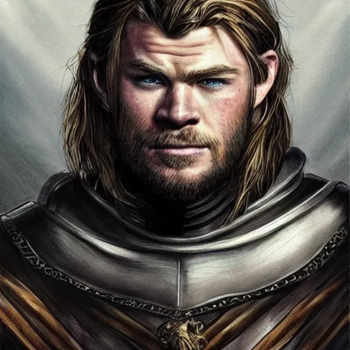Prompt: a portrait of a medieval knight drawn in the style of jim lee, face of chris hemsworth with a short beard and short blonde hair, trending on artstation, realistic, detailed