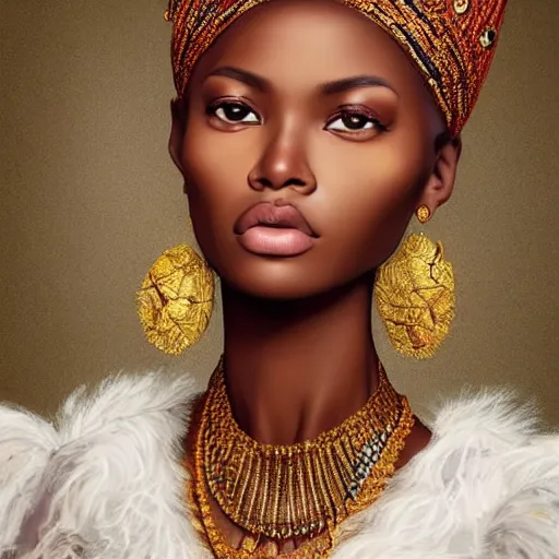 Image similar to A masterpiece portrait of a Incredibly beautiful African girl model in European royal barocco clothes. With big rich jewelry. In Queen\'s crown. Vogue. trending on artstation, digital art, by Stanley Artgerm Lau, WLOP, Rossdraws, James Jean, Andrei Riabovitchev, Marc Simonetti, Yoshitaka Amano