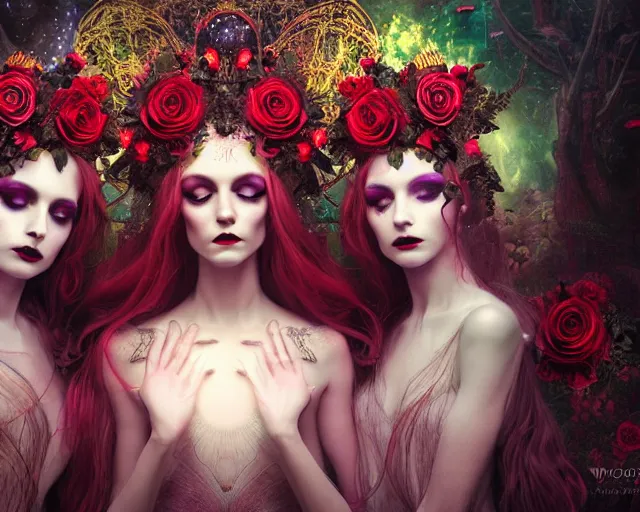 Image similar to three stunning otherworldly gothic goddesses with beautiful angelic faces, wearing psychedelic wicca, in wedding dresses, red neon roses, full body, dark and mysterious, atmospheric, ominous, eerie, cinematic light, epic, 8 k 3 d, ultra detail, ultra realistic, by wlop, by mucha