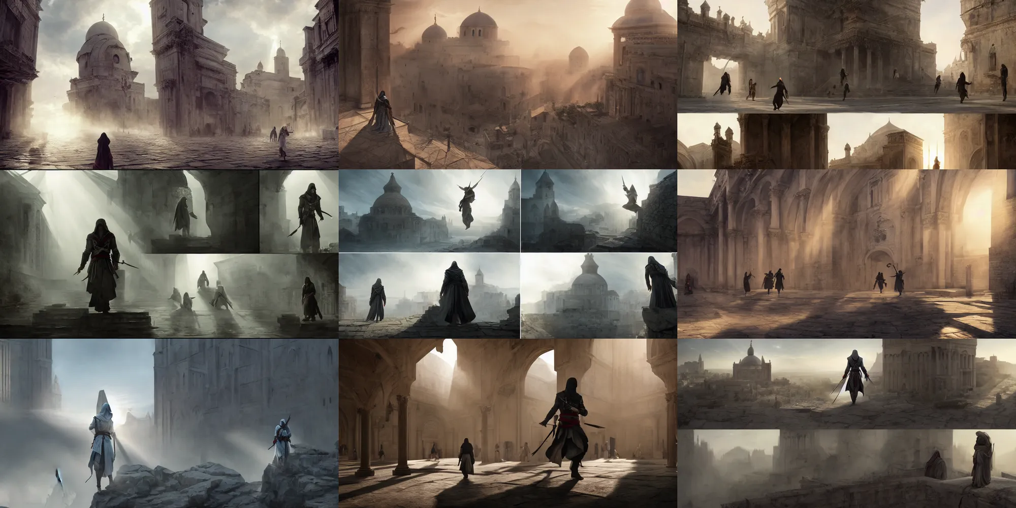 Prompt: Stills from the Assassin's Creed opening cinematic, middle eastern architecture, dynamic poses, low camera angle, god rays, bloom, volumetric fog, moody ambiance, cinematic lighting, twilight, sunset, Brom, Caravaggio, Rubens, fantasy, portfolio illustration, highly detailed, trending on Artstation, CGsociety, HQ, 8k, 35mm lens, f2.8, Bokeh,