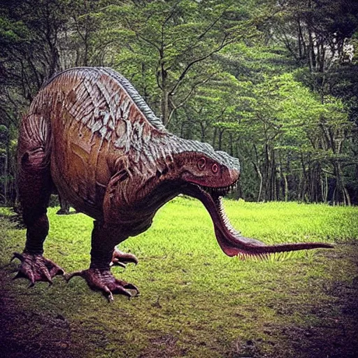 Image similar to “a Tyrannosaurus rex walking through a prehistoric forest”