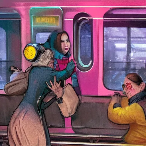 Image similar to fight between grandmas in the train moscow-ryazan, cyberpunk, neon, concept art