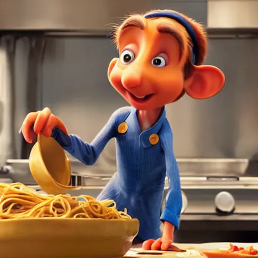 Image similar to remy from ratatouille making pasta, cinematic, dramatic, color grading, photojournalism, colorful, highly detailed