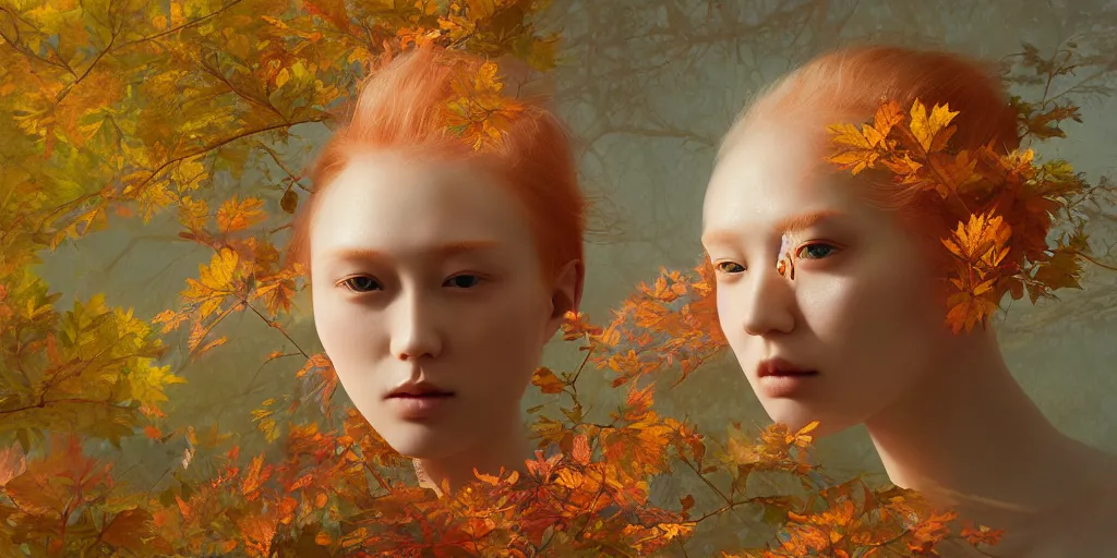 Image similar to highly detailed pastel colors of an ethereal ginger beauty morphing gradually into autumn leaves, by hsiao - ron cheng, smooth composition, fine detail