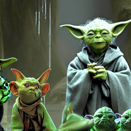 Prompt: Yoda surrounded by other members of his species