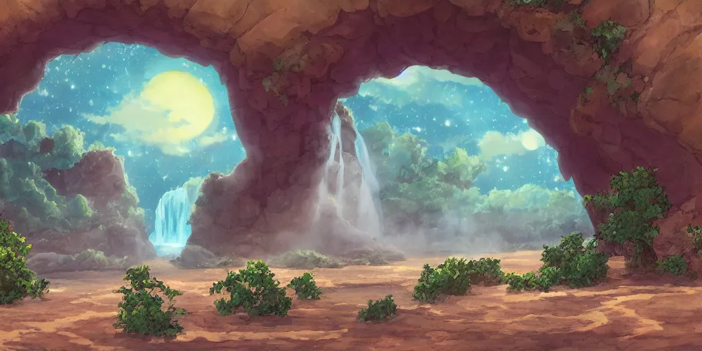 Prompt: a cell - shaded studio ghibli concept art study of an arizona rock arch time portal in a flooded desert on a misty starry night. a waterfall is flowing out of the portal. very dull colors, hd, 4 k, hq