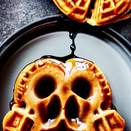 Prompt: a photo of a delicious scrumptious waffle in the shape of a skull with syrup, food photography