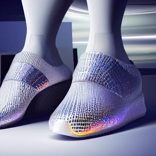 Image similar to product photography extremely detailed futuristic sports sneakers with a detailed foam sole, with holographic elements, 3 d model, hyperrealism, balenciaga style ultra rendered extreme realism and detail, 8 k, f / 2. 2, canon 8 5 mm, photorealistic, sharp focus,