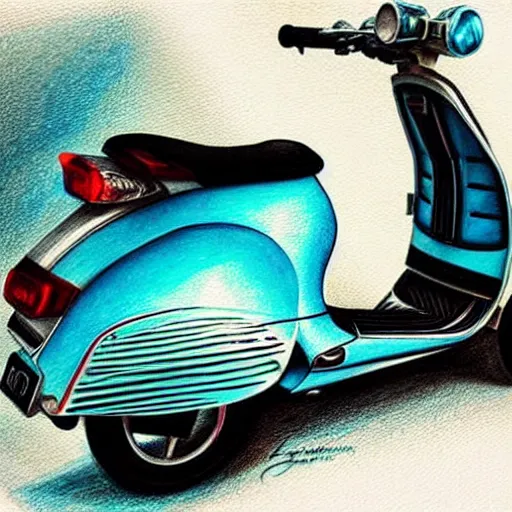 Image similar to hyper realistic pencil drawing of a turquoise vespa moped, loose water color, detailed, rim light, diffused, intricate, by anna dittmann,