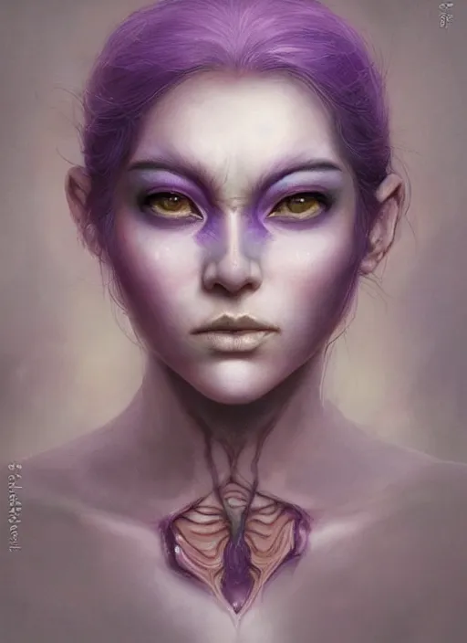 Image similar to a detailed facial portrait of a female nekomata with purple hair and orange eyes, a beautiful face, mutation, by tom bagshaw, by dorian cleavenger, zdzisław beksinski, bastien lecouffe - deharme trending on artstation