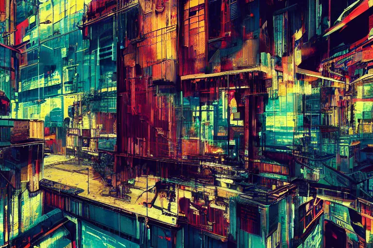 Prompt: fragmented architecture collage by atelier olschinsky and Ernst Haas, cyberpunk, (high contrast), ((oversaturated)), grafitti paint, bokeh, dof, unreal engine