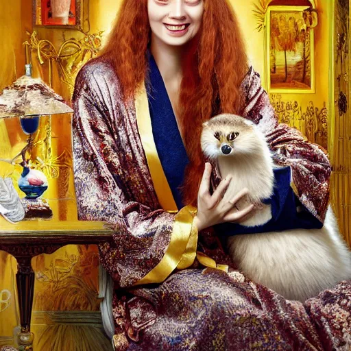 Image similar to a stunning hyper-detailed photorealistic painting of one slender beautiful smiling woman with long ginger hair and bangs, wearing a luxurious silk robe, wearing headphones and posing with her large ginger tabby cat and her raccoon and parrots in an overstuffed easy chair in her sunlit victorian living room, holding a porcelain parrot-shaped coffee mug and a donut, perfect eyes, fashion photography, cinematic lighting, octane render, IBEX Masters, unreal engine, 85 mm lens