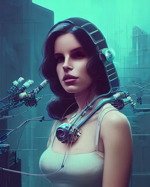 Image similar to portrait of lana del rey as a cyberpunk cyborg. roses, sci - fi, intricate abstract upper body intricate artwork, by tooth wu, wlop, beeple, dan mumford. concept art, octane render, deviantart, greg rutkowski, cinematic arthouse, key art, hyper realism, iridescent accents