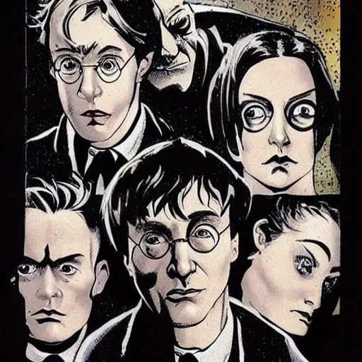 Image similar to in one frame Harry Potter with Sandman in The Sandman comic, symmetrical faces, beautiful faces, by Neil Gaiman, by Dave McKean, comics Sandman, small details, clear faces, high detail