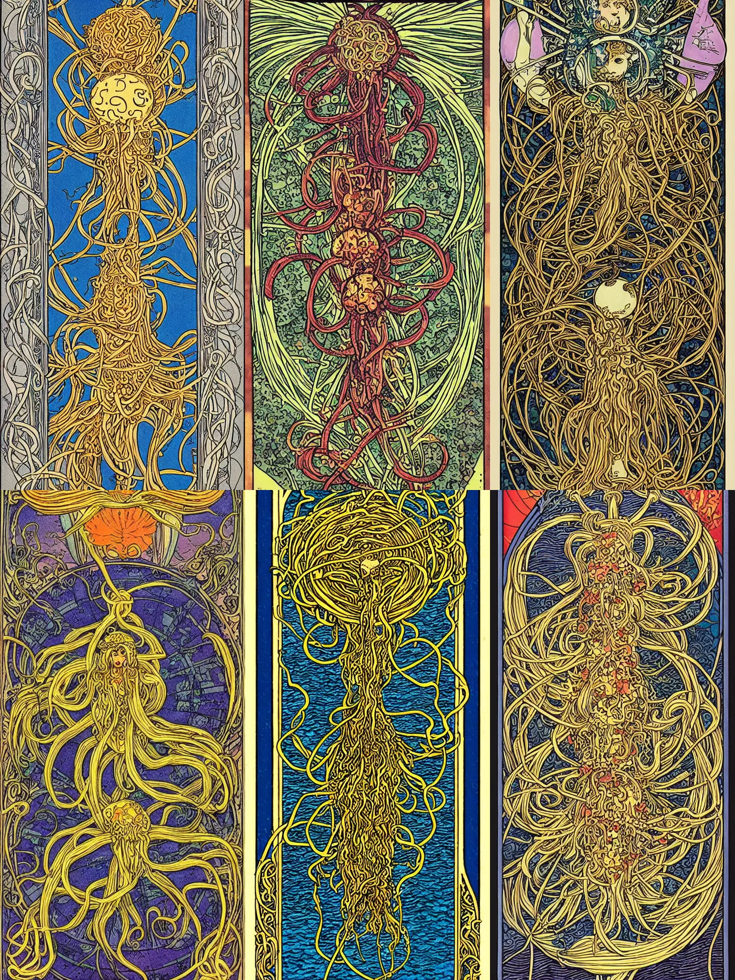 Prompt: art nouveau tarot card of the flying spaghetti monster, extremely detailed, hypermaximalist