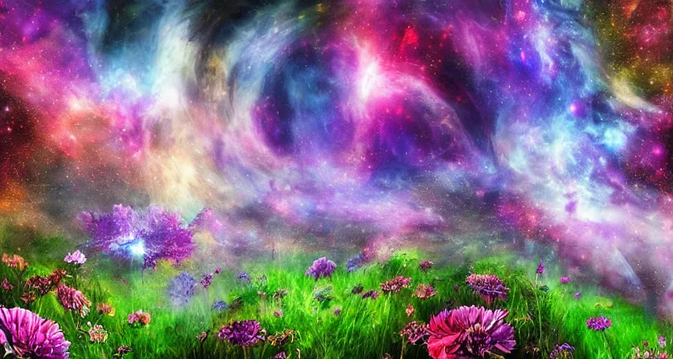 Image similar to a large mystic shrine shrouded by mystic nebula magic in a field of flowers, mad dog jones, breath - taking beautiful flowers, streams, nebula, and mist, an aesthetically pleasing, dynamic, energetic, lively, complex, intricate, detailed, well - designed digital art of magic, streams, flowers, and mist, early morning, light and shadow