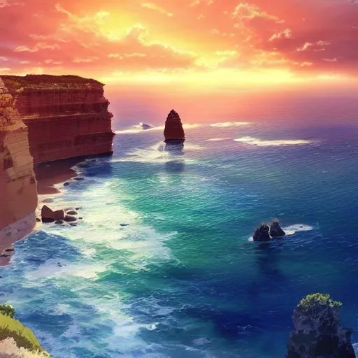 Prompt: a beautiful anime illustration of twelve apostles australia, breathtaking clouds by makoto shinkai, thomas kinkade and beeple, wide angle, high detail, vivid colors, deviantart, cgsociety