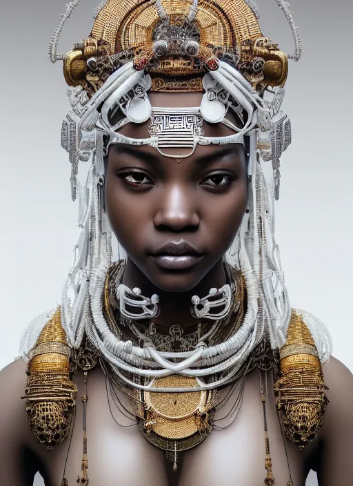 Image similar to white statue!! portrait of a cyberpunk machine, machine face, upper half portrait, decorated with beads, african man, traditional chinese art, intricate, elegant, highly detailed, headpiece, digital painting, artstation, concept art, smooth, sharp focus, illustration, art by artgerm and greg rutkowski and alphonse mucha, 8 k