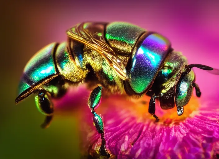 Image similar to super macro of an iridescent mechanical cyborg bee drinking from a flower in the forest. fantasy magic style. highly detailed 8 k. intricate. nikon d 8 5 0 3 0 0 mm. award winning photography.