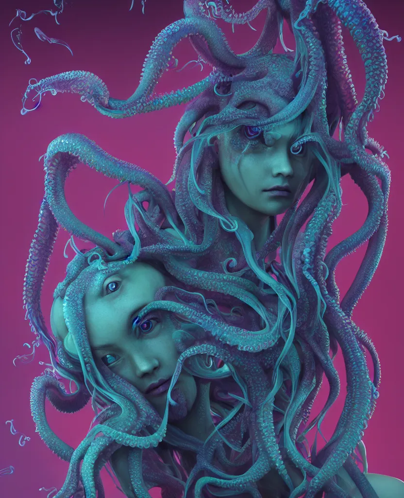 Image similar to cthulhu goddess close - up portrait, squid coming from woman eyes, phoenix jellyfish, orchid, betta fish, bioluminiscent, intricate artwork by tooth wu and wlop and beeple. octane render, trending on artstation, greg rutkowski very coherent symmetrical artwork. cinematic, hyper realism, high detail, octane render, 8 k