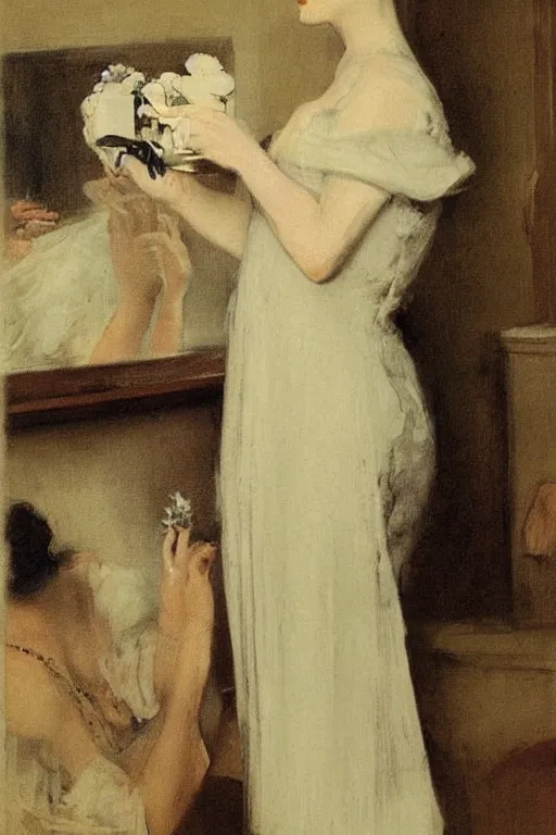 Prompt: european woman in a gown getting ready for a party, bloom flowers, modern, eclectic, illustration, by ramon casas