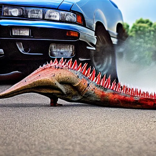 Image similar to beautiful detailed long shot photograph of a spinosaurus crushing a nissan skyline r34 under its feet