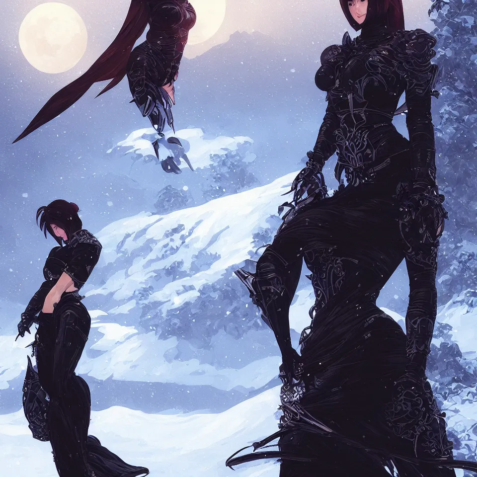 Image similar to portrait ninja gaiden girl, armored black plastic ninja wardrobe, at snowy fuji mountain moonlight, ssci - fi and fantasy, intricate and beautiful and elegant, digital painting, frostbite engine, artstation, concept art, smooth and sharp focus, illustration, art by tian zi and wlop and alphonse mucha