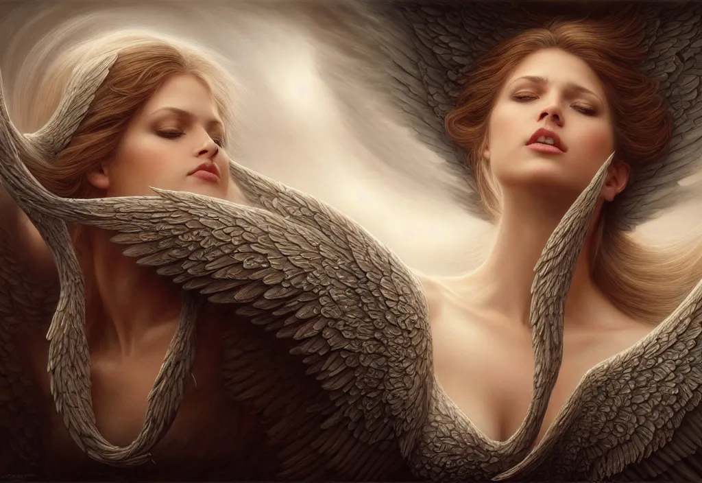 Prompt: picture split from the middle with an border, angels with different backroundsnon, intricate, elegant, highly detailed, realistic hair, centered, digital painting, art station, conceptual art, soft, sharp focus, illustration, artwork, artgerm, tomasz alen kopera, donato giancola, wlop, boris vallejo