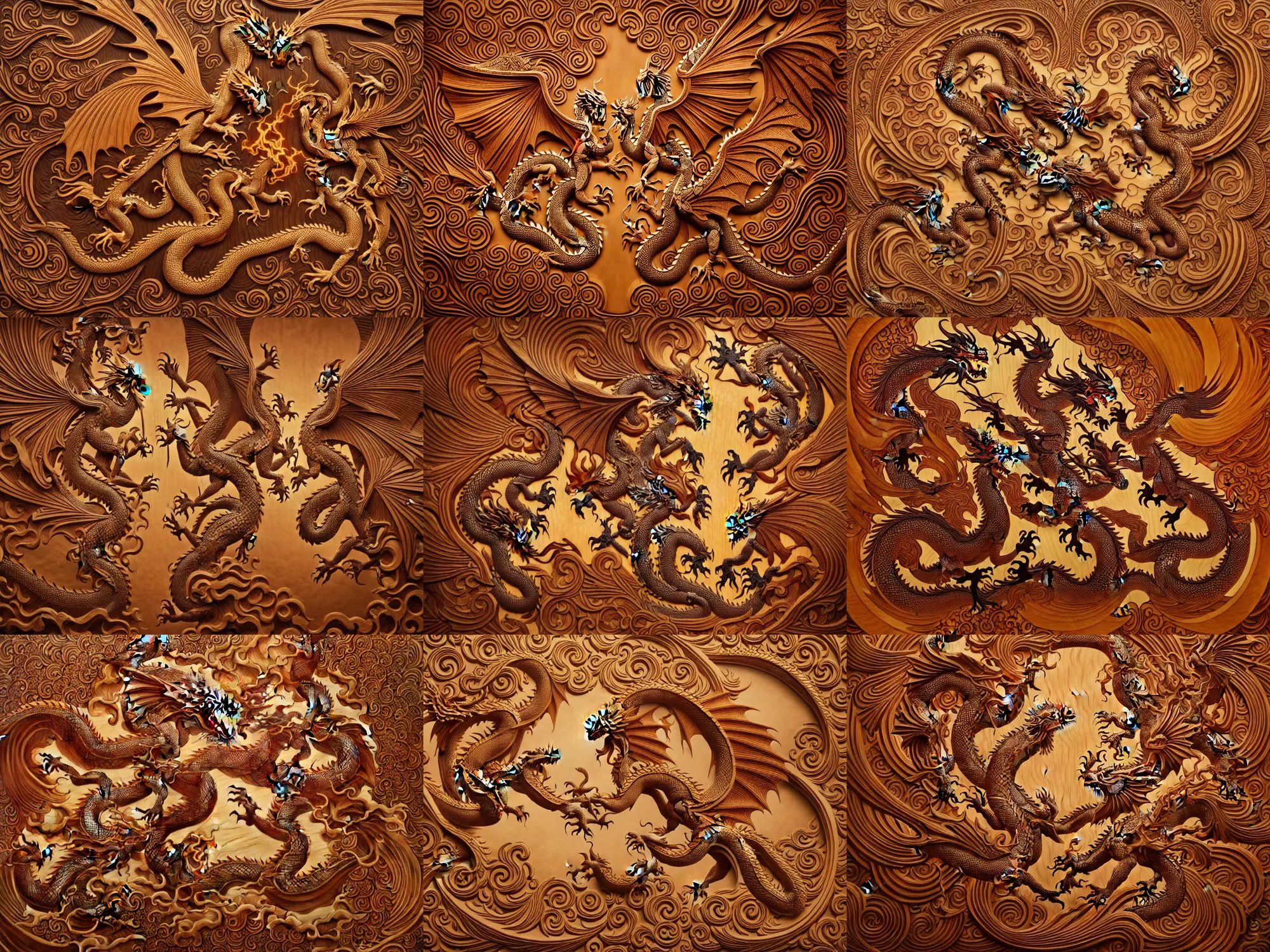 Prompt: wood relief carving of dragon versus phoenix, exquisite, ornate, intricately carved, fractal, tarot, intricate details, art deco, hokusai, mohrbacher, alphonse mucha, redshift, spotlight, 4 k, trending on artstation, photorealistic, volumetric lighting, octane render