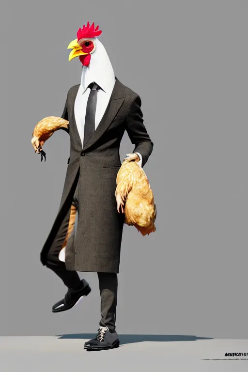 Image similar to a chicken wearing a formal overcoat, hyperrealistic, concept art, octane render, unreal engine 5, trending on artstation, high quality, highly detailed, 8 k, soft lighting, path traced, high coherence, digital art, beautiful, elegant clothes, trending on deviantart, masterpiece