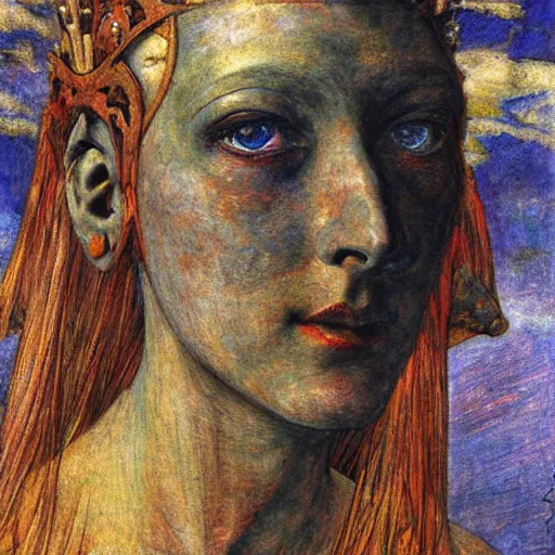 Image similar to the android in her iron crown after the storm, by Annie Swynnerton and Diego Rivera, symbolist, dramatic lighting, elaborate geometric ornament, Art Brut ,god rays, soft cool colors,smooth, sharp focus, extremely detailed, Adolf Wölfli