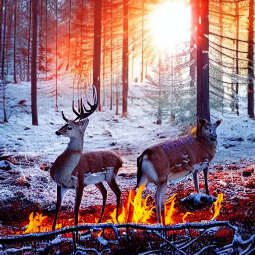 Image similar to deer on fire in a frozen forest, sparkles and sun rays, hyperrealistic, photo realistic, realistic, beautiful white lighting, in the middle of the day