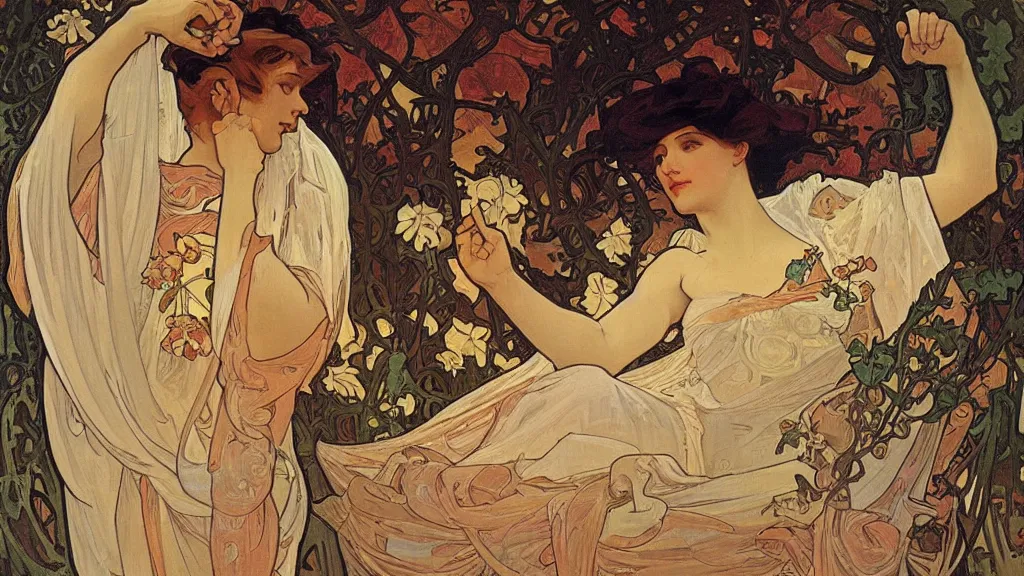 Image similar to the most beautiful scene, an expressive oil painting by alphonse mucha