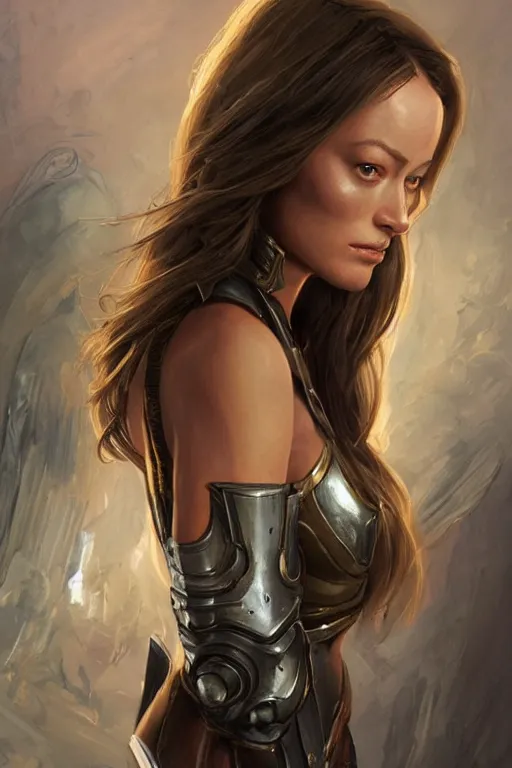 Image similar to a professional painting of a young Olivia Wilde, clothes in military armor, olive skin, long dark hair, beautiful bone structure, symmetrical facial features, intricate, elegant, digital painting, concept art, smooth, sharp focus, illustration, from StarCraft by Ruan Jia and Mandy Jurgens and Artgerm and William-Adolphe Bouguerea