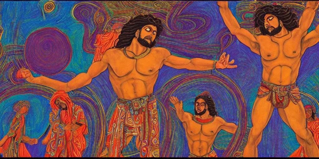 Image similar to an abstract spiritual background, a latino greek god dancing mindlessly, clear eyes. 2 4 mm, photorealistic, muted color scheme, directed by mati klarwein