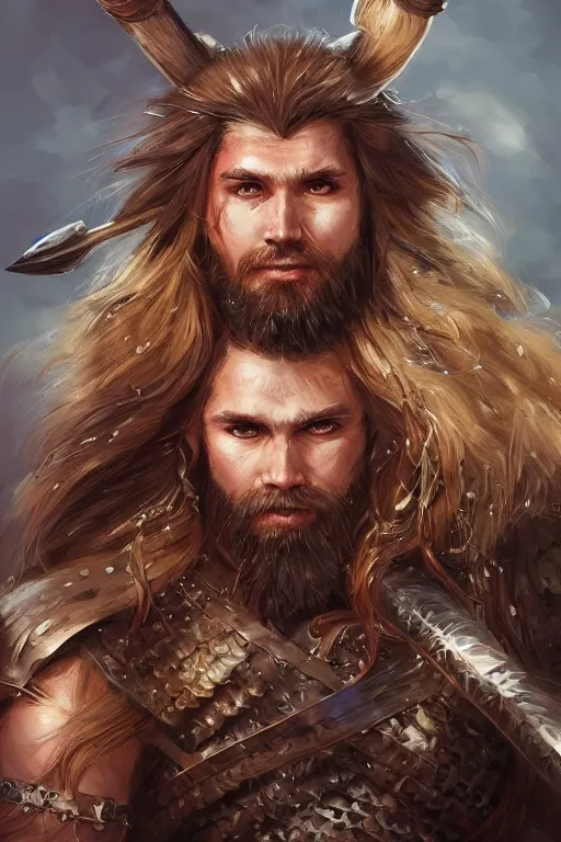 Prompt: A realistic anime portrait of a wild long haired male barbarian wearing an intricate armor, amber eyes, spear, viking fur cape, digital painting, by Stanley Artgerm Lau, Sakimichan, WLOP and Rossdraws, digtial painting, trending on ArtStation, SFW version