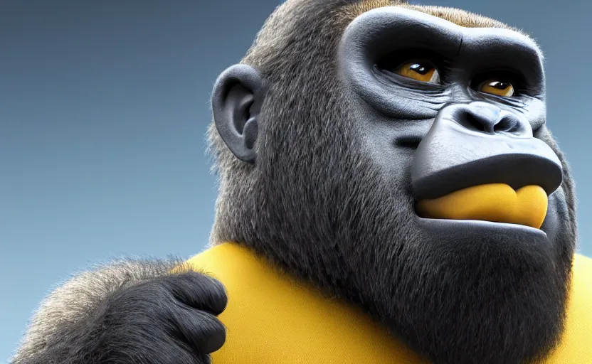 Prompt: gorilla as gru, hyperrealistic, concept art, octane render, unreal engine 5, trending on artstation, high quality, highly detailed, 8 k hdr, product photo, centered, minions background, soft lighting, path traced, low contrast, high coherence, symmetrical