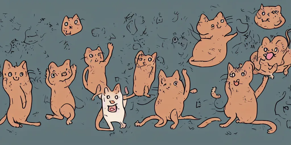 Image similar to a digital illustration of a happy cat haunting a family of mice at the edge of madness