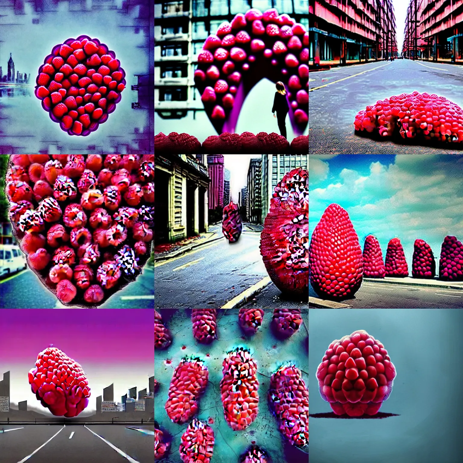 Prompt: Art of Giant raspberry in a dystopian city