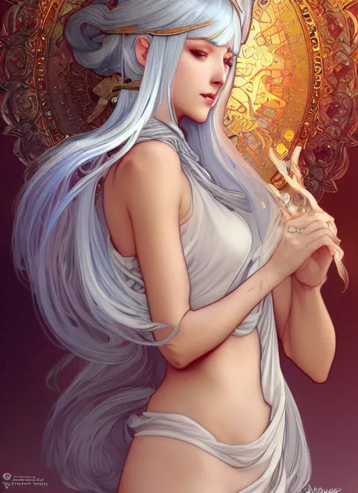 Image similar to A beautiful priestess with silver hair, highly detailed, digital painting, smooth, sharp focus, illustration, art by artgerm and alphonse mucha, high definition digital art, in the style of Ross tran and ilya kuvshinov