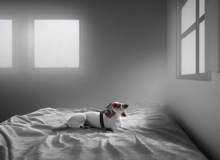 Image similar to photography of a Jack Russel watching outside the window on a bed in a 3d rendered white room, octane render, 3d, foggy, volumetric light, volumetric fog, photorealistic, unreal engine 5, award winning photo, 100mm, sharp, cloth, high res