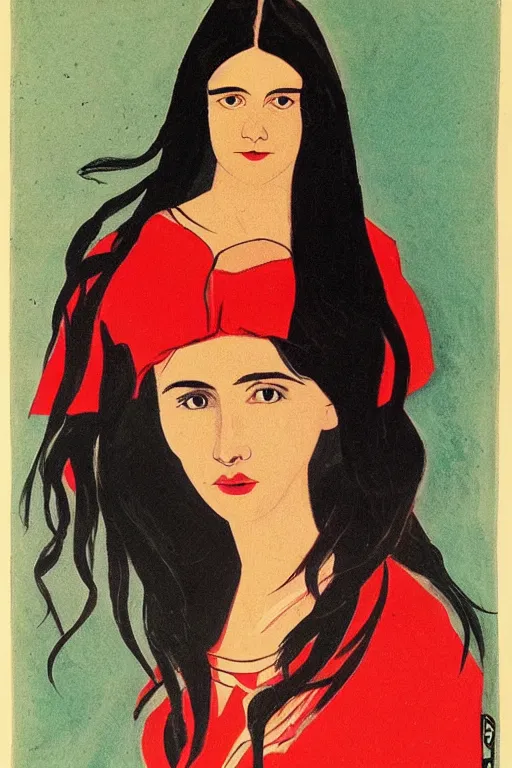 Image similar to young woman with long dark hair, serious look, peasant dress, soviet propaganda art