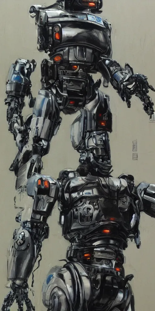 Prompt: oil painting scene from Robocop movie art by kim jung gi